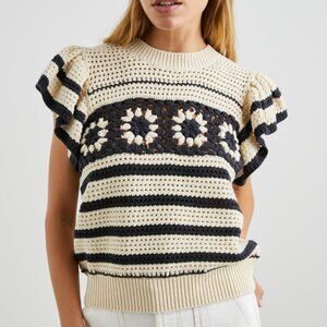 Rails Penelope Open Stitch Sweater Short Sleeve Size XS Oat Navy Crochet Stripe